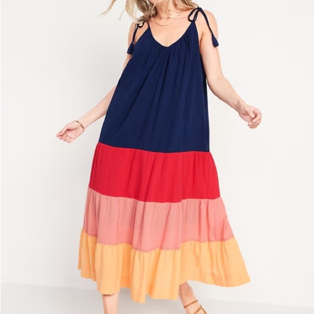 Old Navy Women S Sleeveless Tasseled Color-Block All-Day Maxi Swing Dress NWT